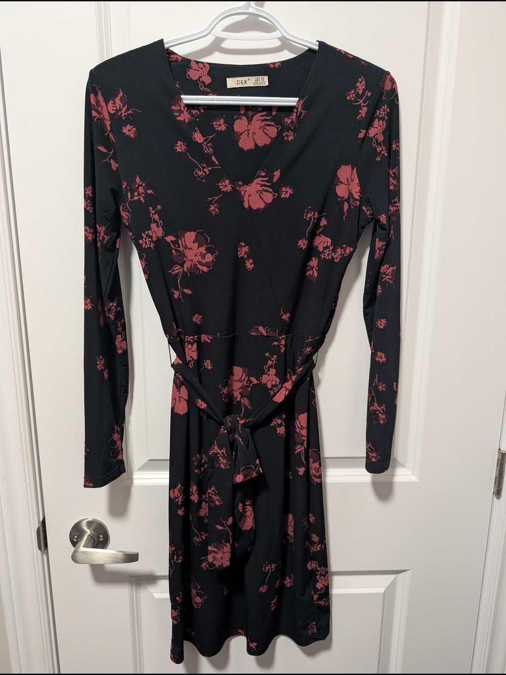 Dex Black Wrap Dress with Rose-Print Accents